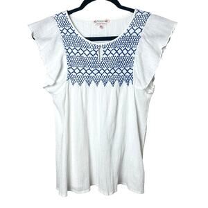 Bonpoint Embroidered Smocked Flutter Sleeve Cotton Top Blouse White Blue Sz XS
